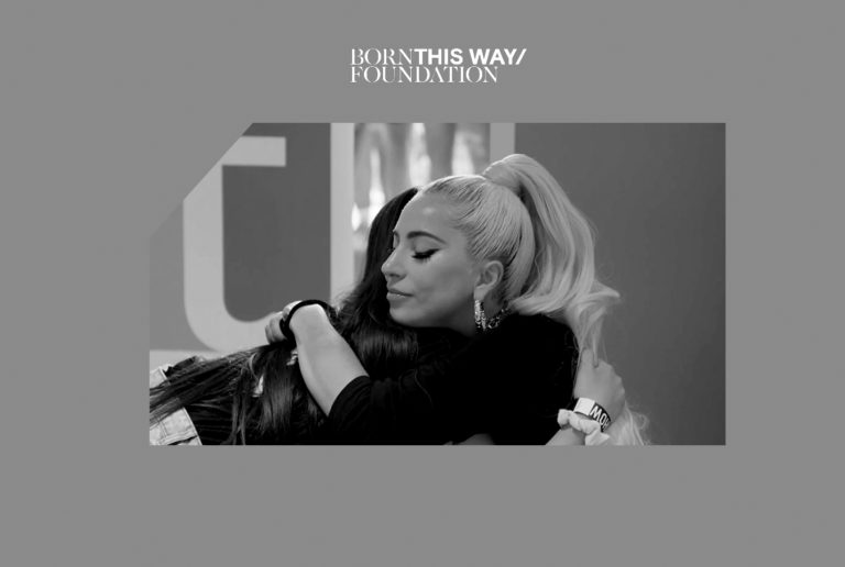 Born This Way Foundation logo with Lady Gaga hugging on the image