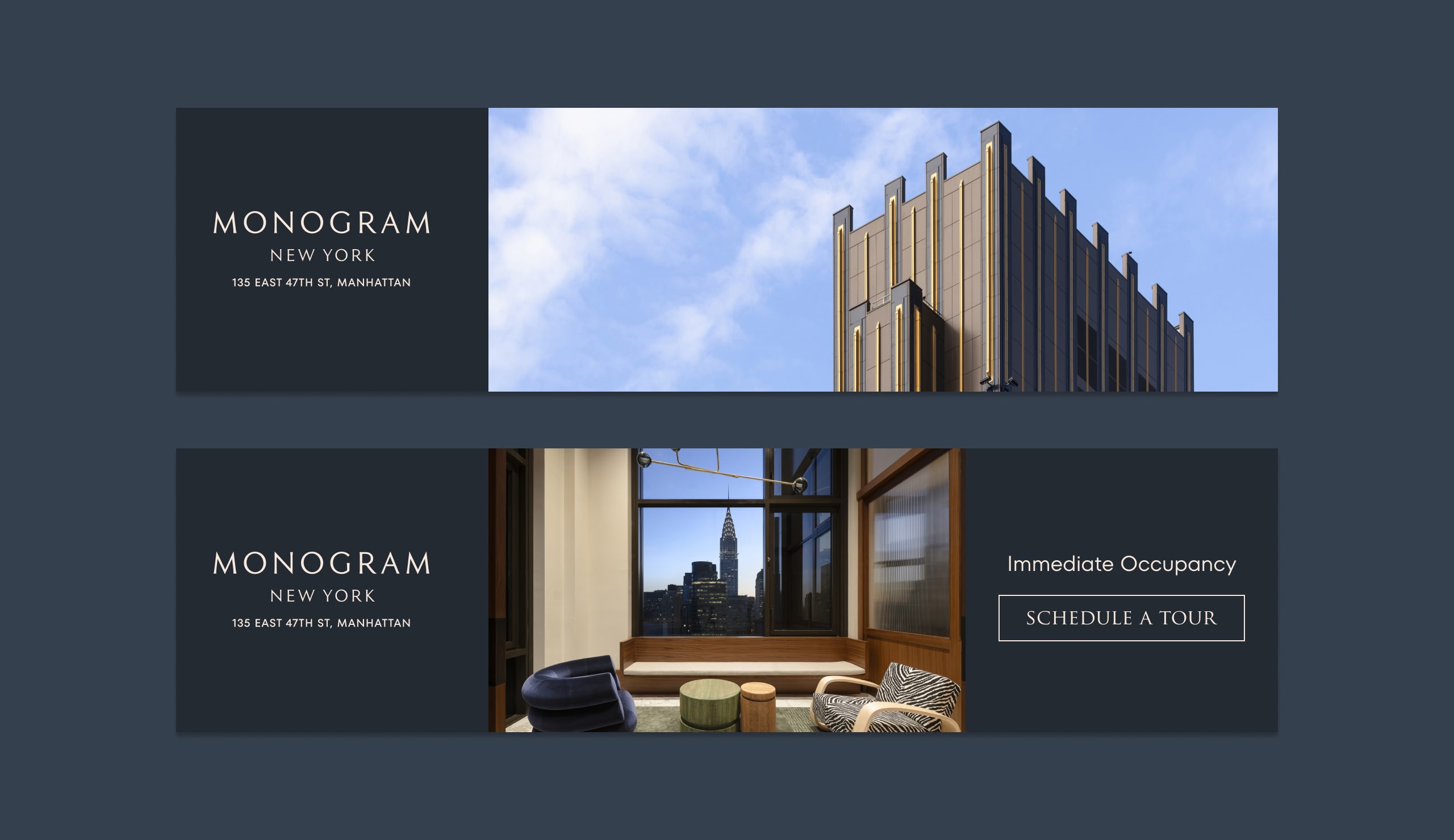 Monogram New York horizontal digital banner advertisement with building facade and branding