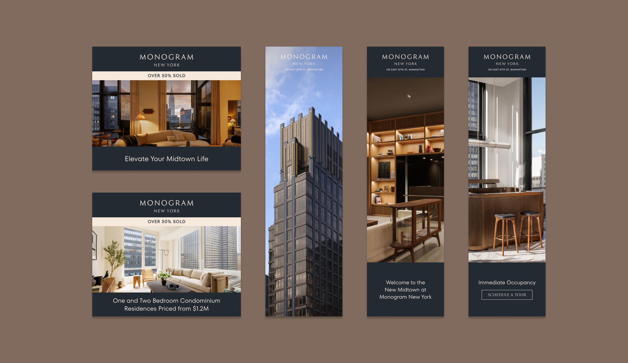 Monogram New York leaderboard digital banner ad with luxury typography and architectural imagery