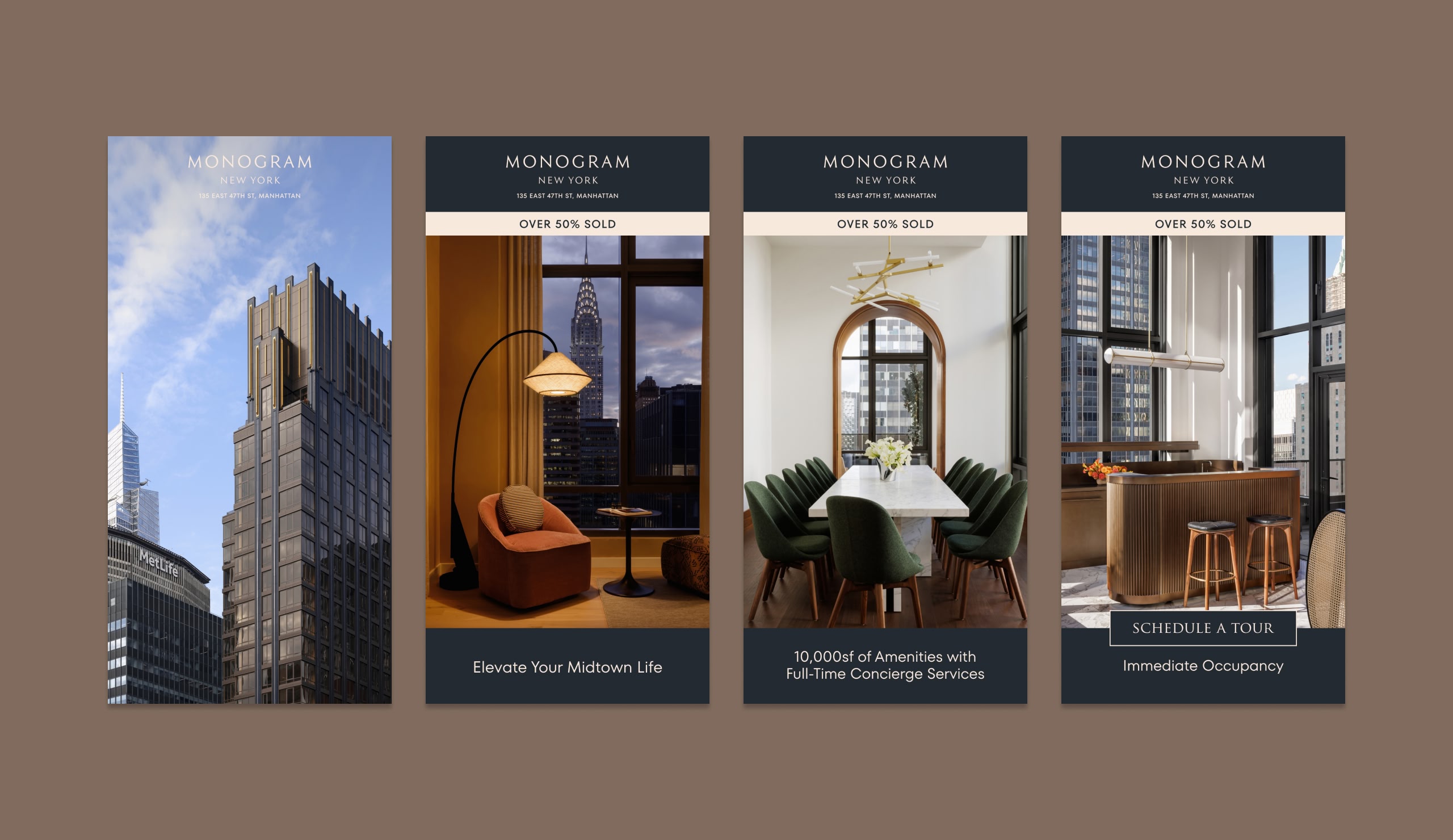 Monogram New York digital banner campaign overview showing multiple ad formats and sizes