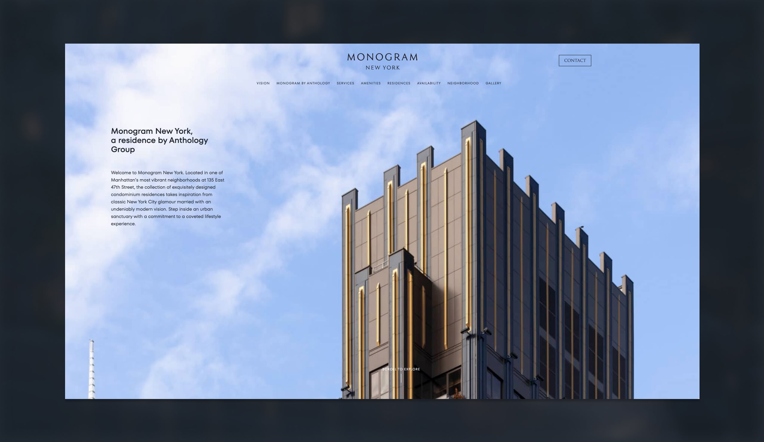 Monogram New York desktop website homepage with hero architectural rendering and navigation menu