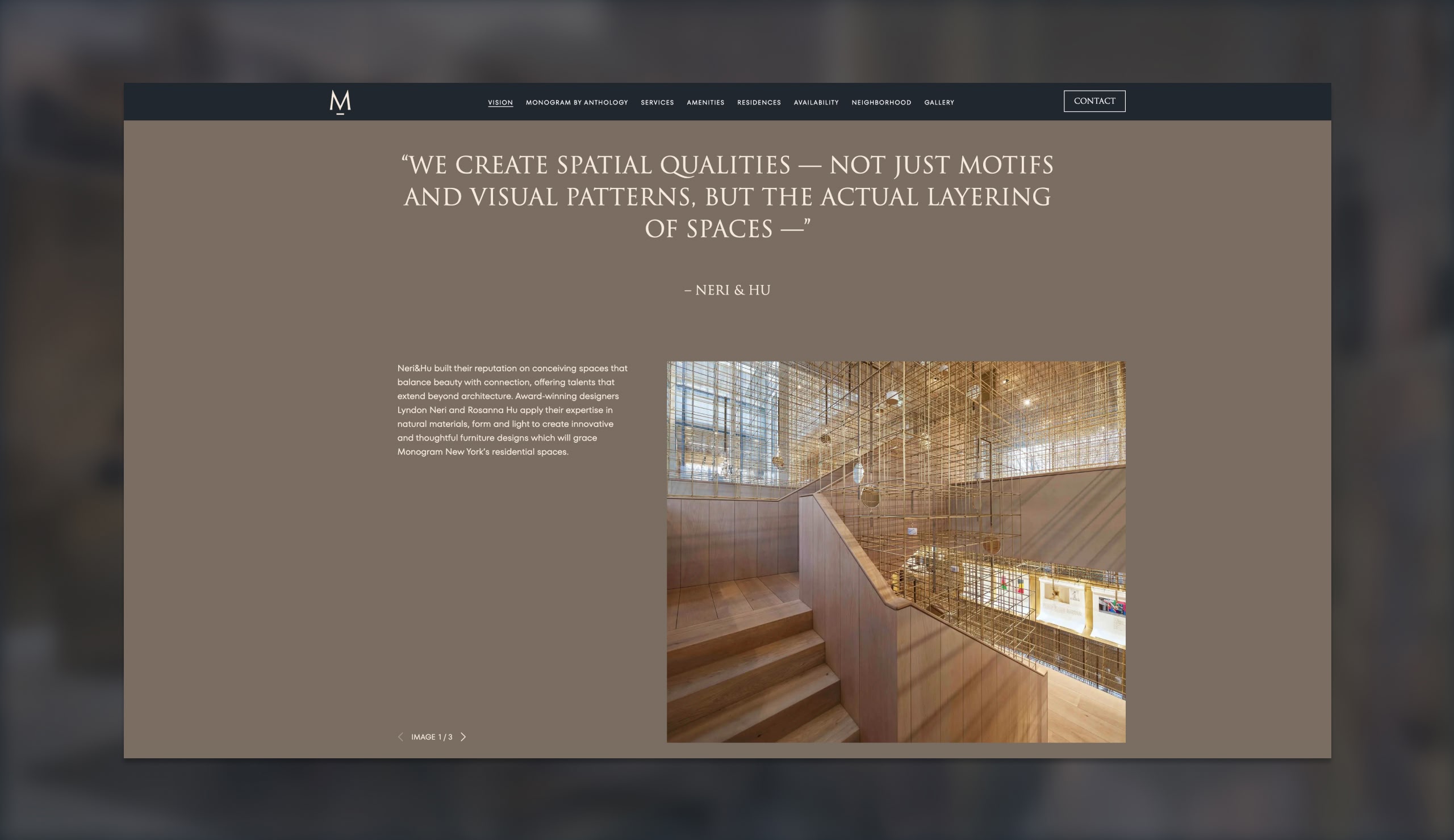 Monogram New York desktop website showing residence availability table with floor plans and pricing