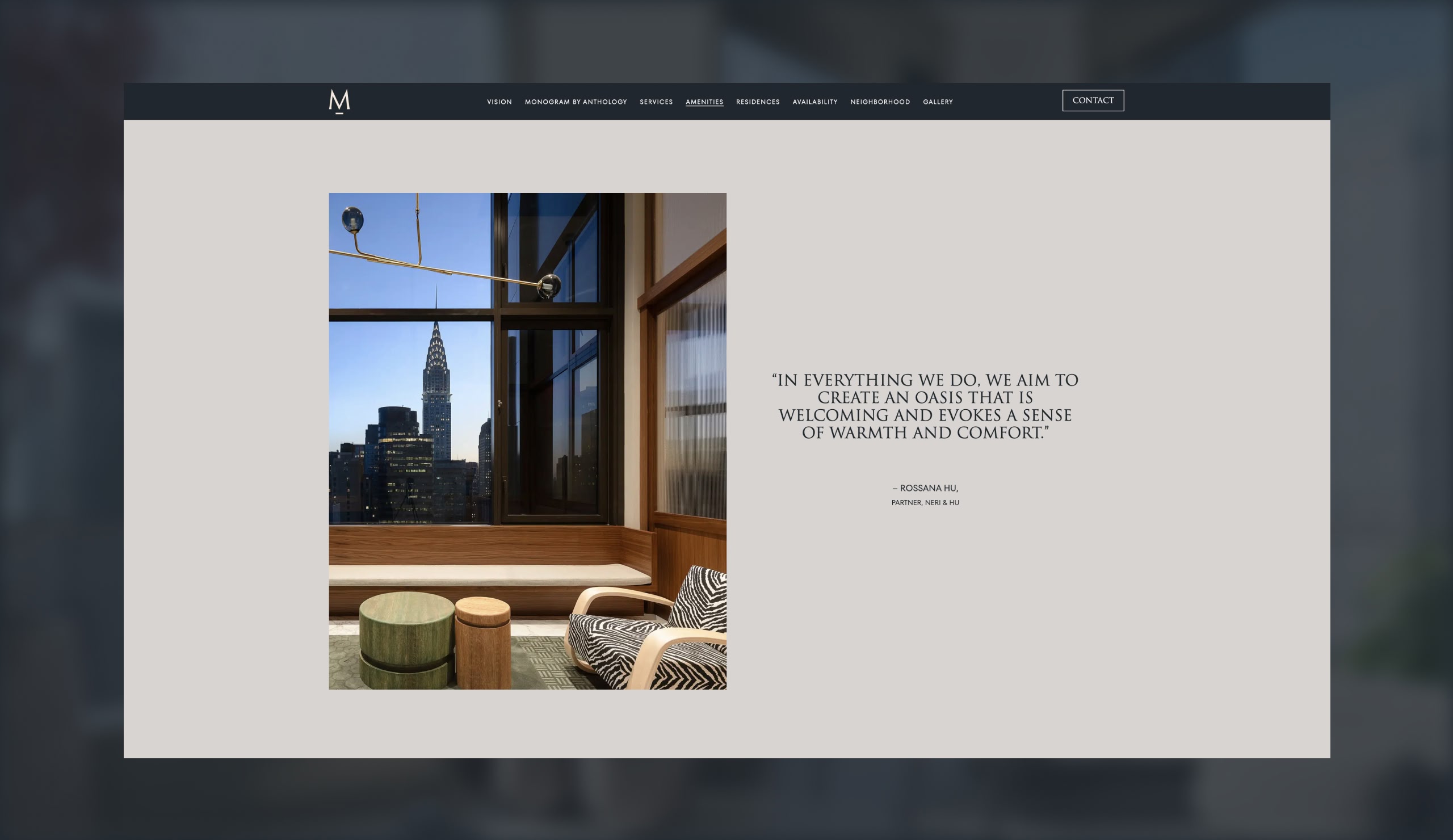 Monogram New York desktop website interior design page featuring Neri & Hu designer quote and architectural sketches