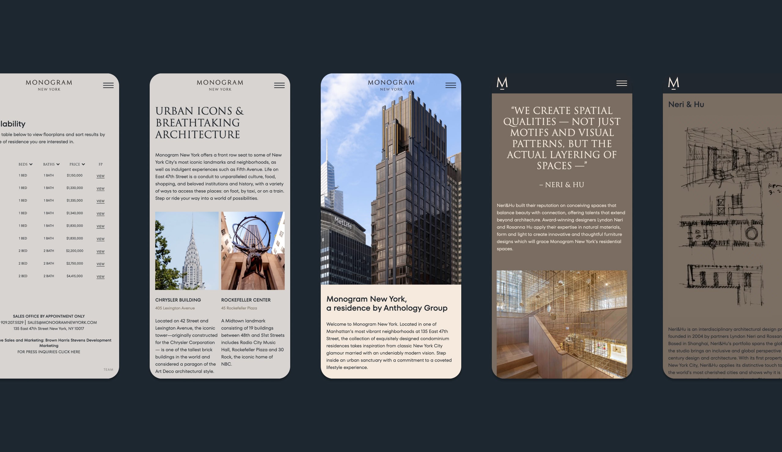 Monogram New York mobile website design showing quote page and contact information