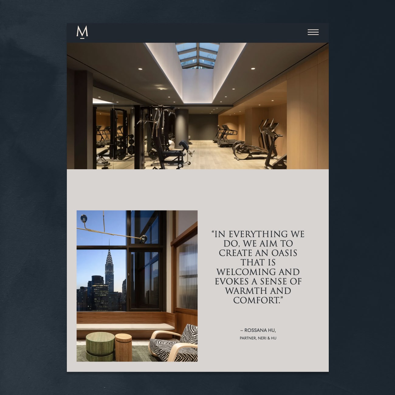 Monogram New York website screenshot showing amenities page with fitness center interior and wellness services